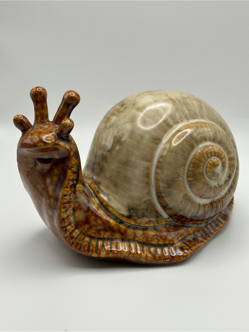 Large Ceramic Snail Figurine Art Pottery Sculpture Marbled Shell Brown Beige